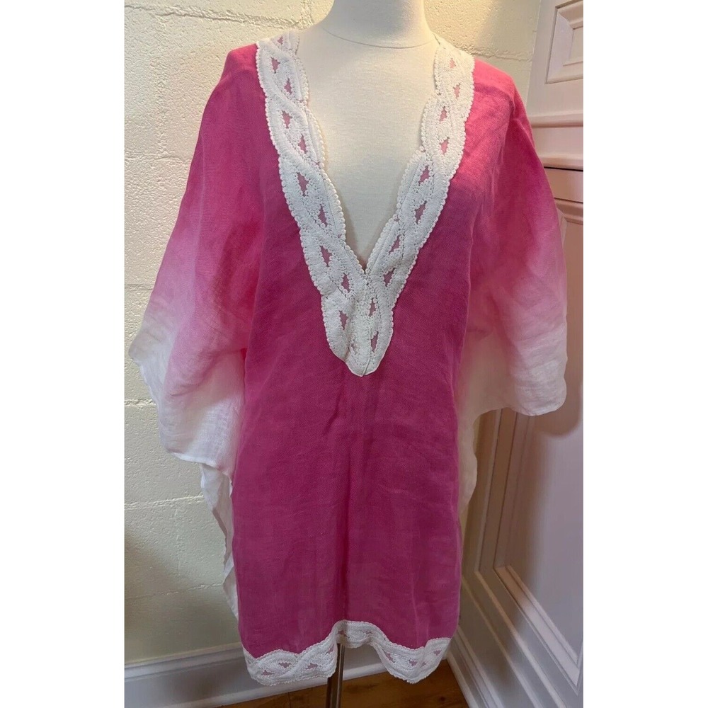 Soft Surroundings Sand Dunes Linen Poncho Beach Coverup S/M Tunic Top Pink Ombré